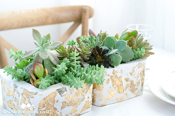 DIY white cement & gold leaf planters | www.evenyaru.com